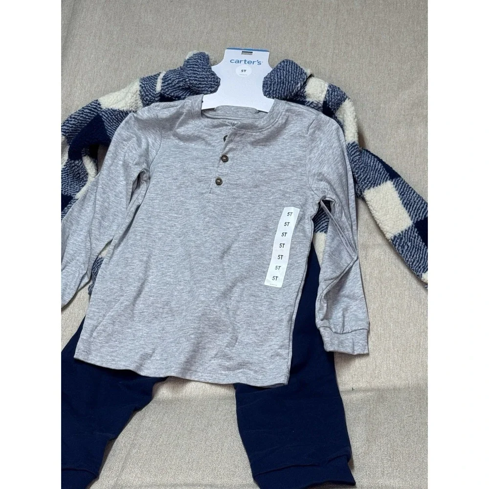 Carter's 3 Piece Pants Shirt Jacket Set Gray Navy Plaid 5T Boys